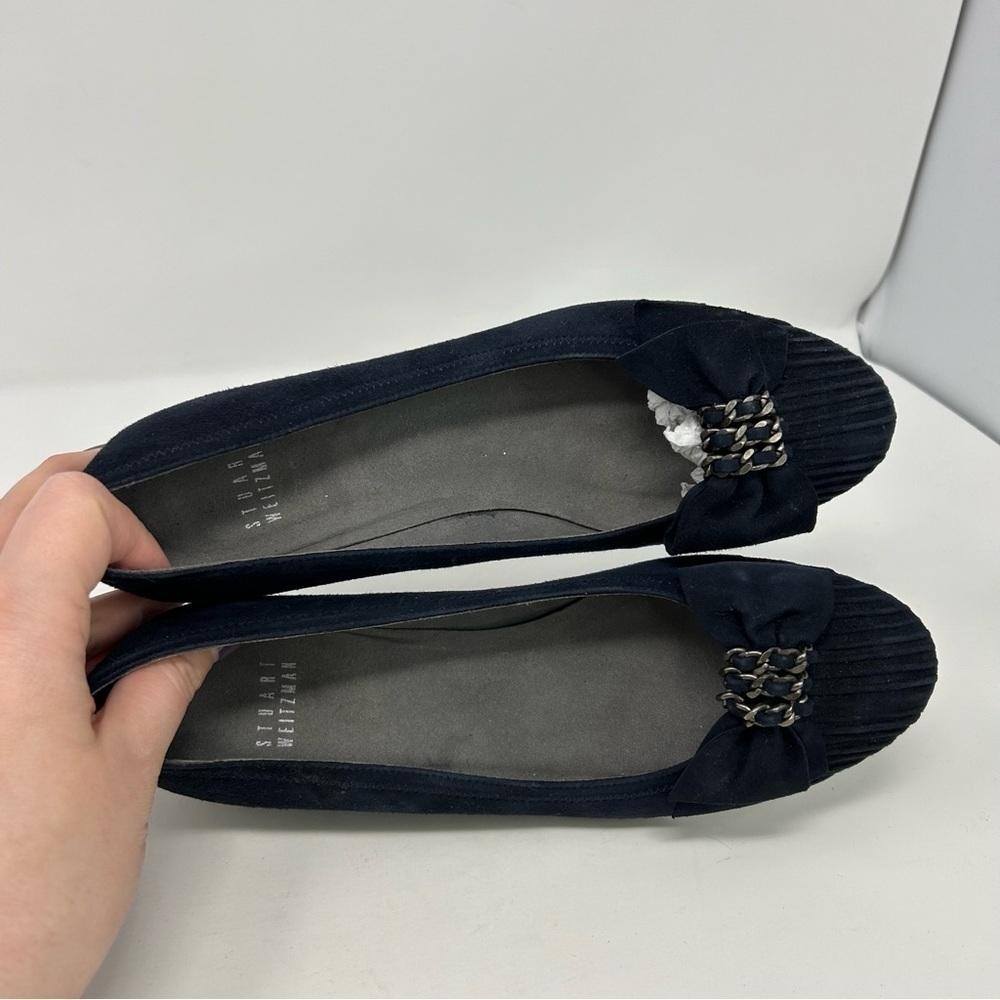 Stuart Weitzman Navy Blue Leather Wedges Size 8 ** with Ribbon Chain Toe Detail - Picture 12 of 14